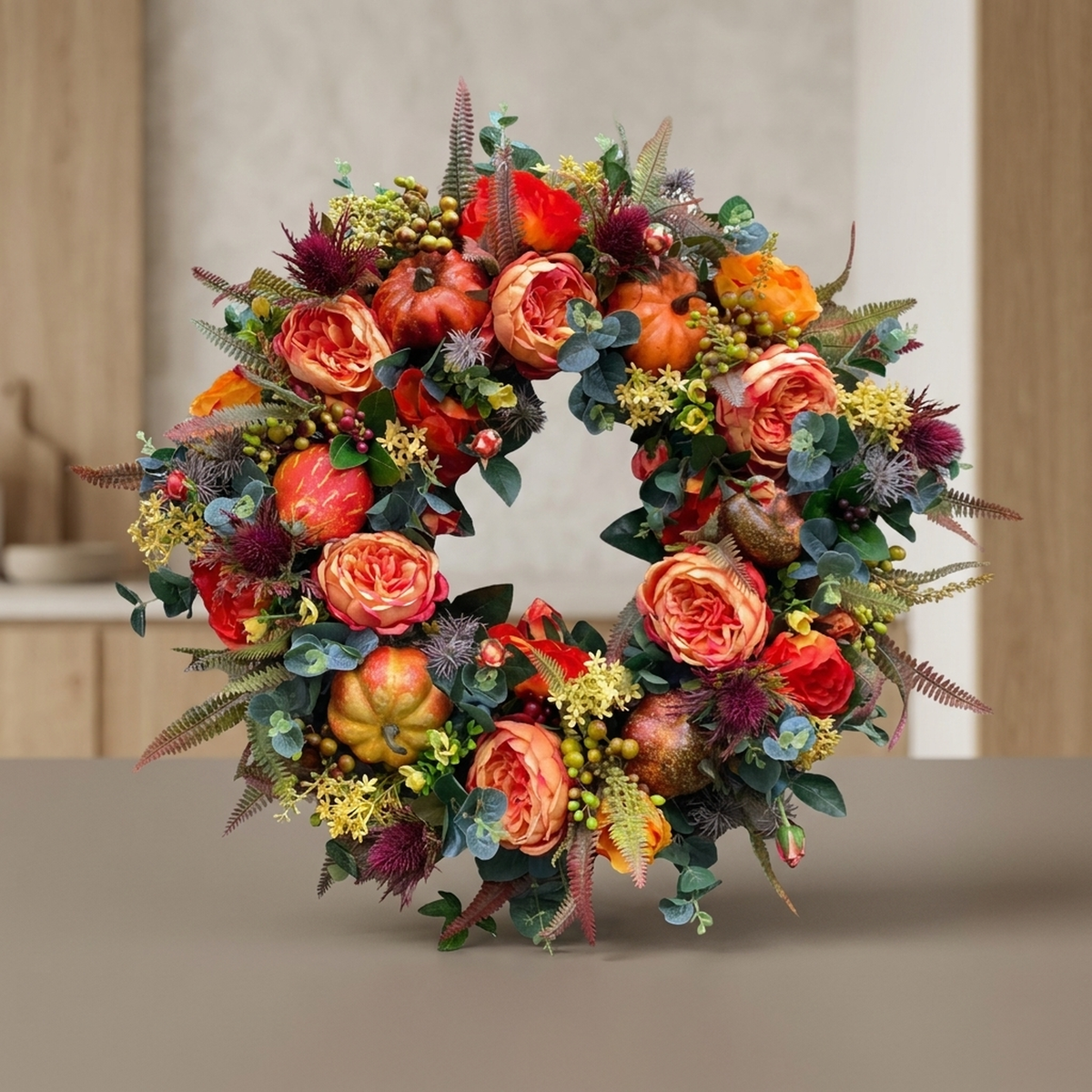 Herfstkrans Pompoen 40cm Rotan Sfeer Decoratie Deurkrans Herfst Thanksgiving Oranje Bruin Groen Seizoen | Sansoti