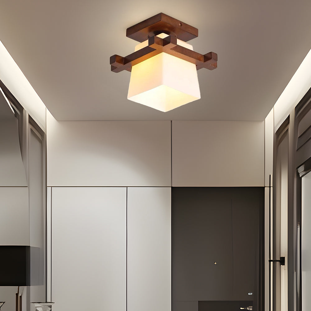 Plafonnier LED bois E27 blanc Japandi hall chambre salon 20 cm plafonnier carré style japonais | Restfield