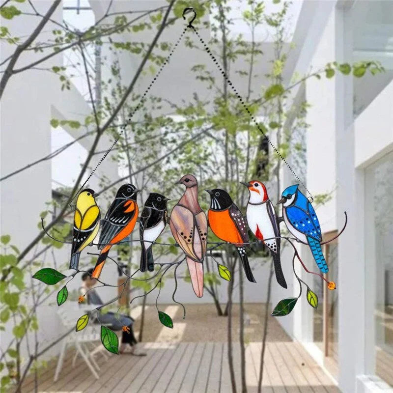 Decoratieve Vogelsuncatcher in Glas-in-Lood Stijl Multicolor | Venster- en Muurdecoratie met 7 Vogels 20,5 × 10,5 cm | Sansoti