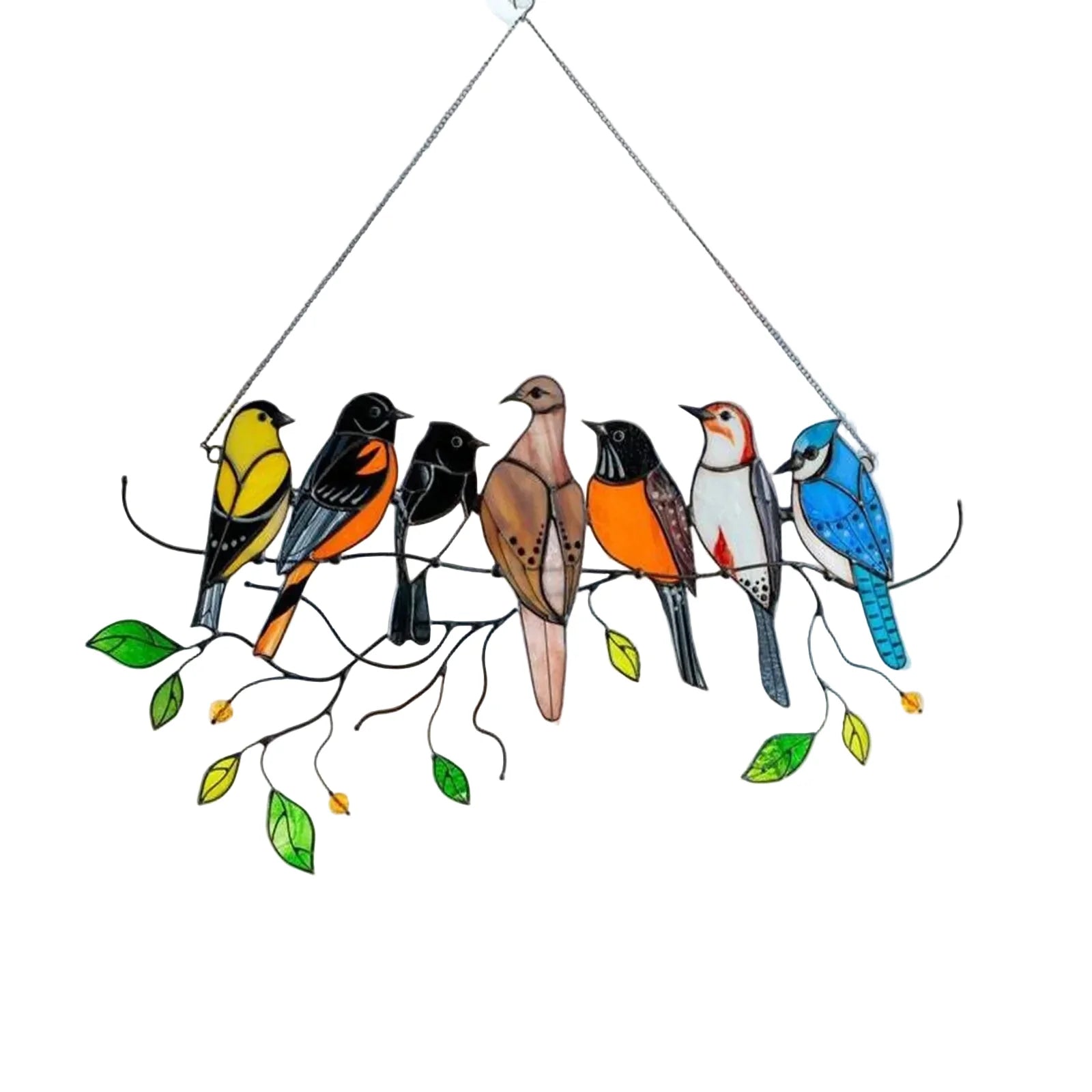 Decoratieve Vogelsuncatcher in Glas-in-Lood Stijl Multicolor | Venster- en Muurdecoratie met 7 Vogels 20,5 × 10,5 cm | Sansoti
