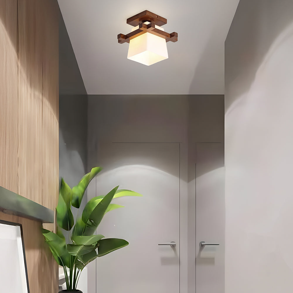 Plafonnier LED bois E27 blanc Japandi hall chambre salon 20 cm plafonnier carré style japonais | Restfield