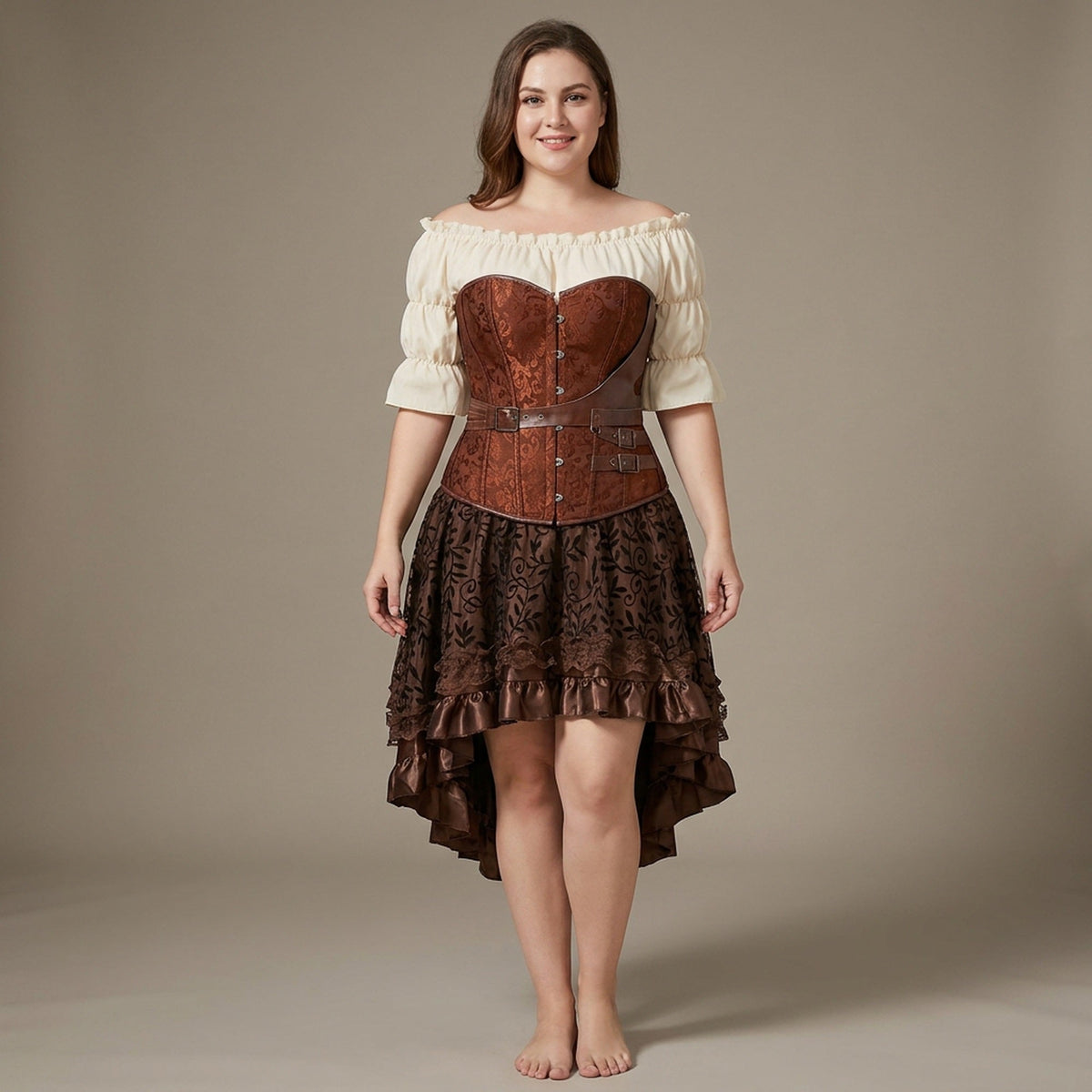Pirate Corset Costume Set Faux Leather Off-Shoulder Blouse Layered Skirt Steampunk Gothic Halloween Costume | Sansoti
