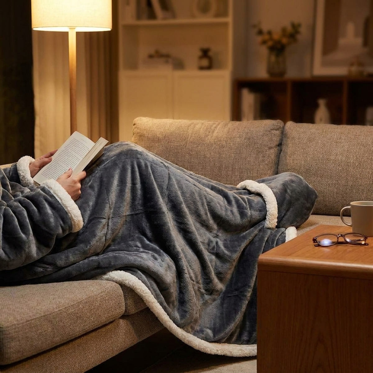 Tragbare Sherpa-Decke mit Ärmeln und Fußtasche für ultimativen Entspannungskomfort zu Hause, Winter-Lounge zum Relaxen | Sansoti