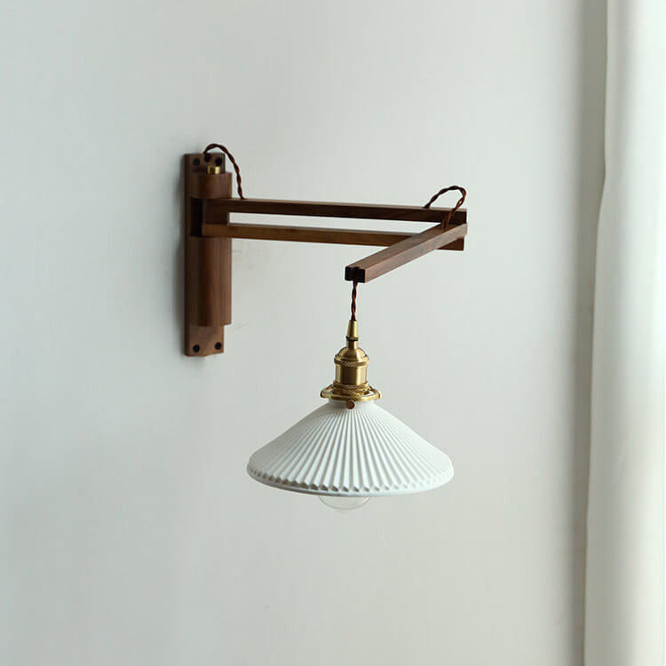Applique murale extensible avec verre strié et bras en bois pour salon, chambre, entrée et coin lecture, éclairage d’ambiance | Sansoti