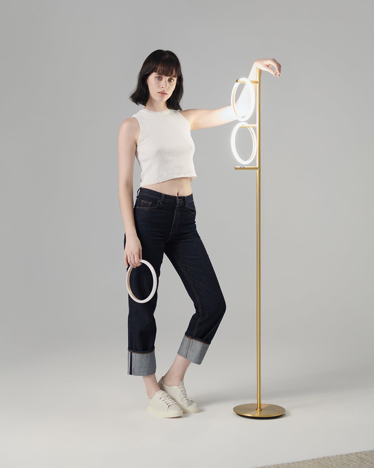 Stehleuchte Ring LED Dimmbar Gold Metall 3 Lichtkreise Modern | Restfield