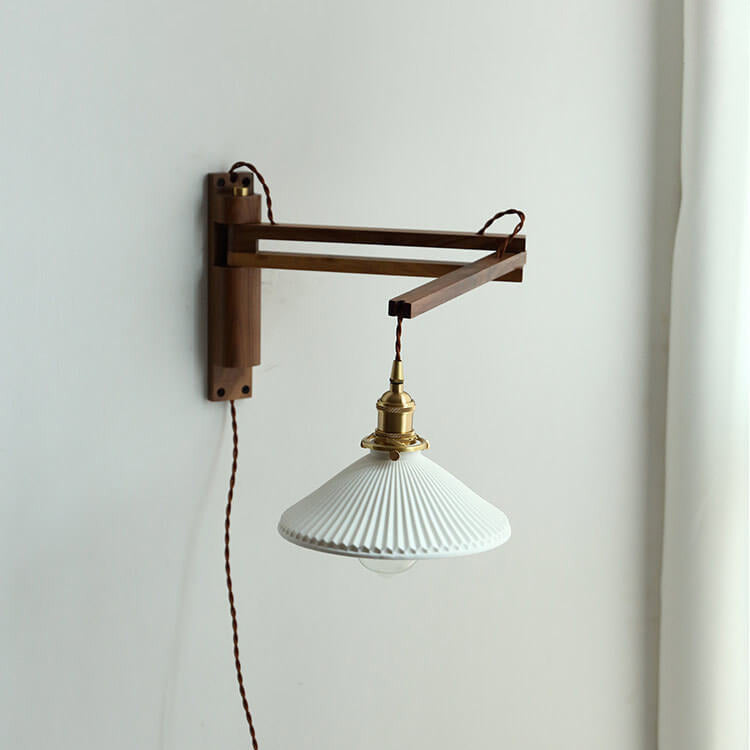 Applique murale extensible avec verre strié et bras en bois pour salon, chambre, entrée et coin lecture, éclairage d’ambiance | Sansoti