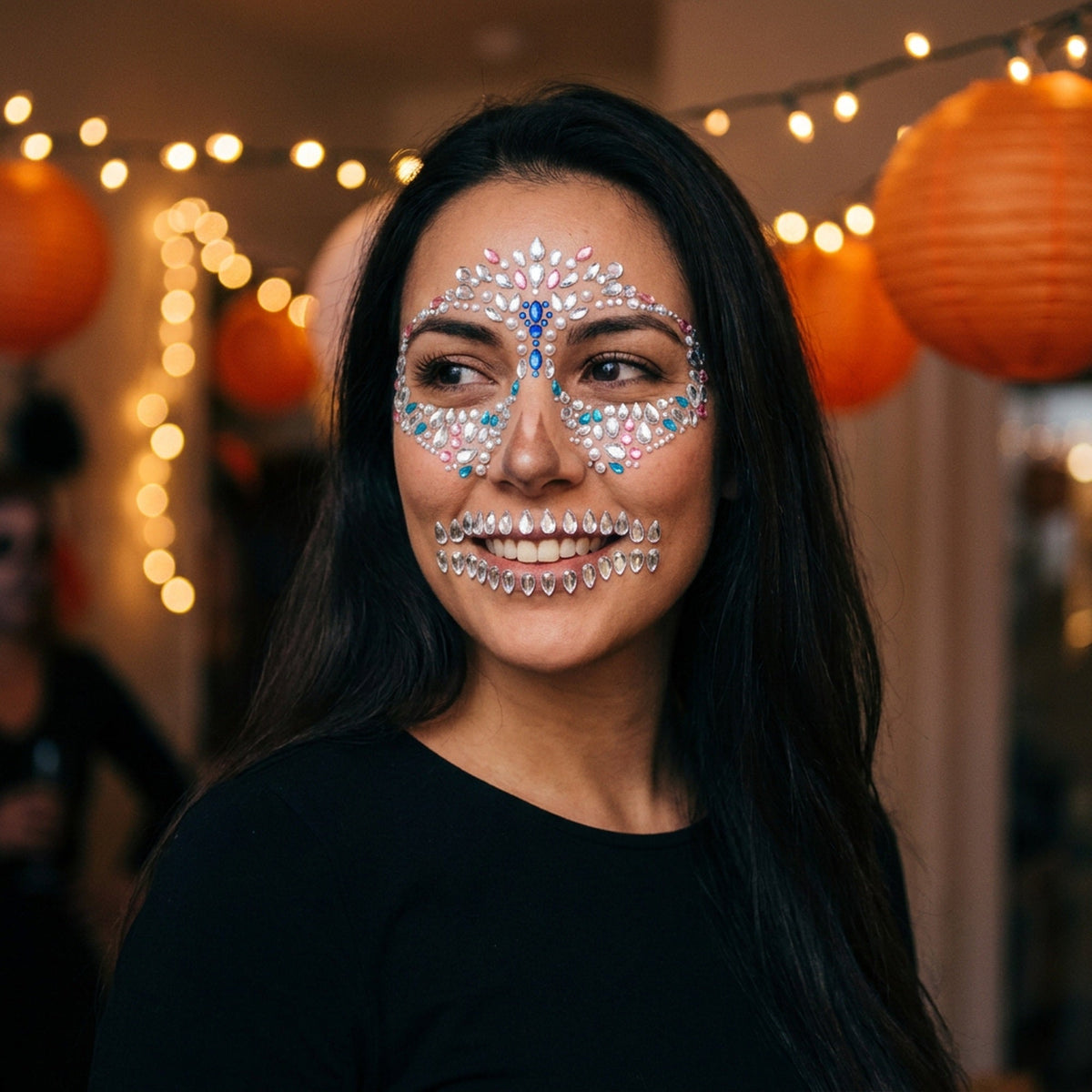 Biżuteria do twarzy na Halloween: czaszka, gwiazda i pająk, samoprzylepne akrylowe kryształki, brokat, przyjęcie, przebieranki, karnawał | Sansoti