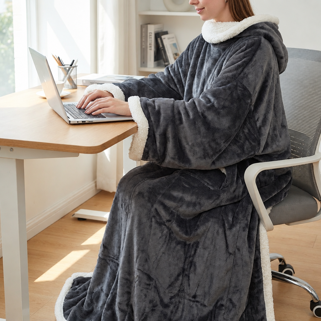 Tragbare Sherpa-Decke mit Ärmeln und Fußtasche für ultimativen Entspannungskomfort zu Hause, Winter-Lounge zum Relaxen | Sansoti