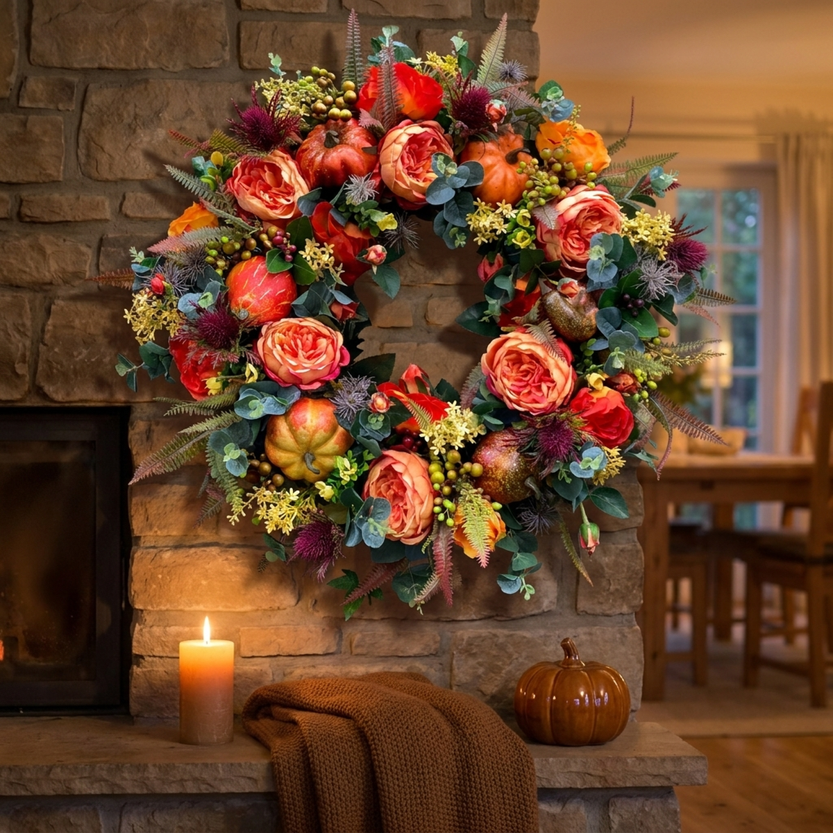 Herfstkrans Pompoen 40cm Rotan Sfeer Decoratie Deurkrans Herfst Thanksgiving Oranje Bruin Groen Seizoen | Sansoti