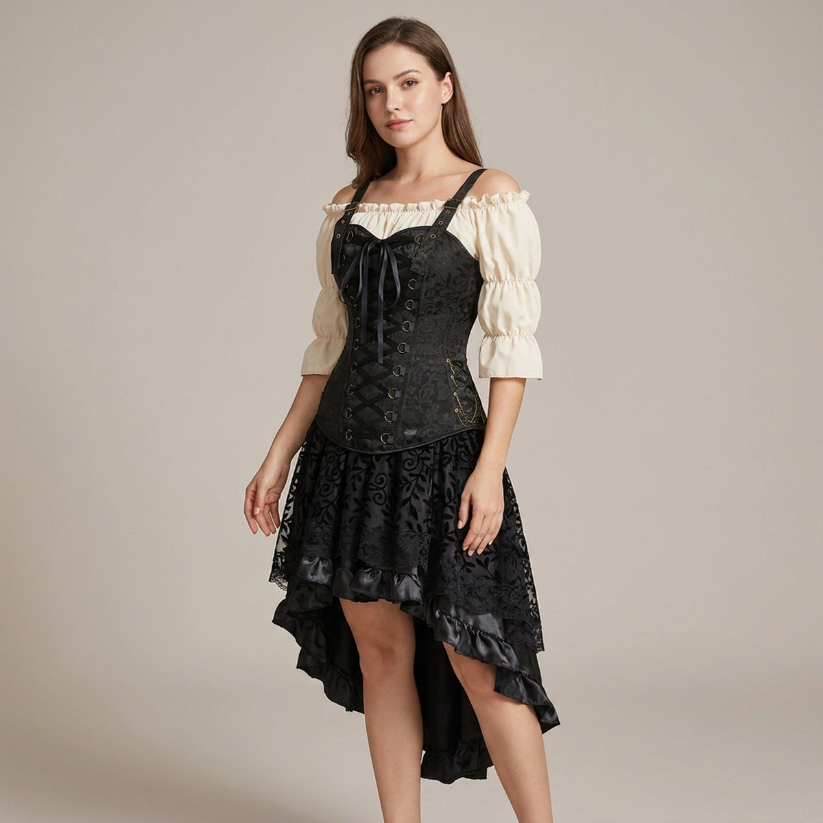 Pirate Corset Costume Set Faux Leather Off-Shoulder Blouse Layered Skirt Steampunk Gothic Halloween Costume | Sansoti
