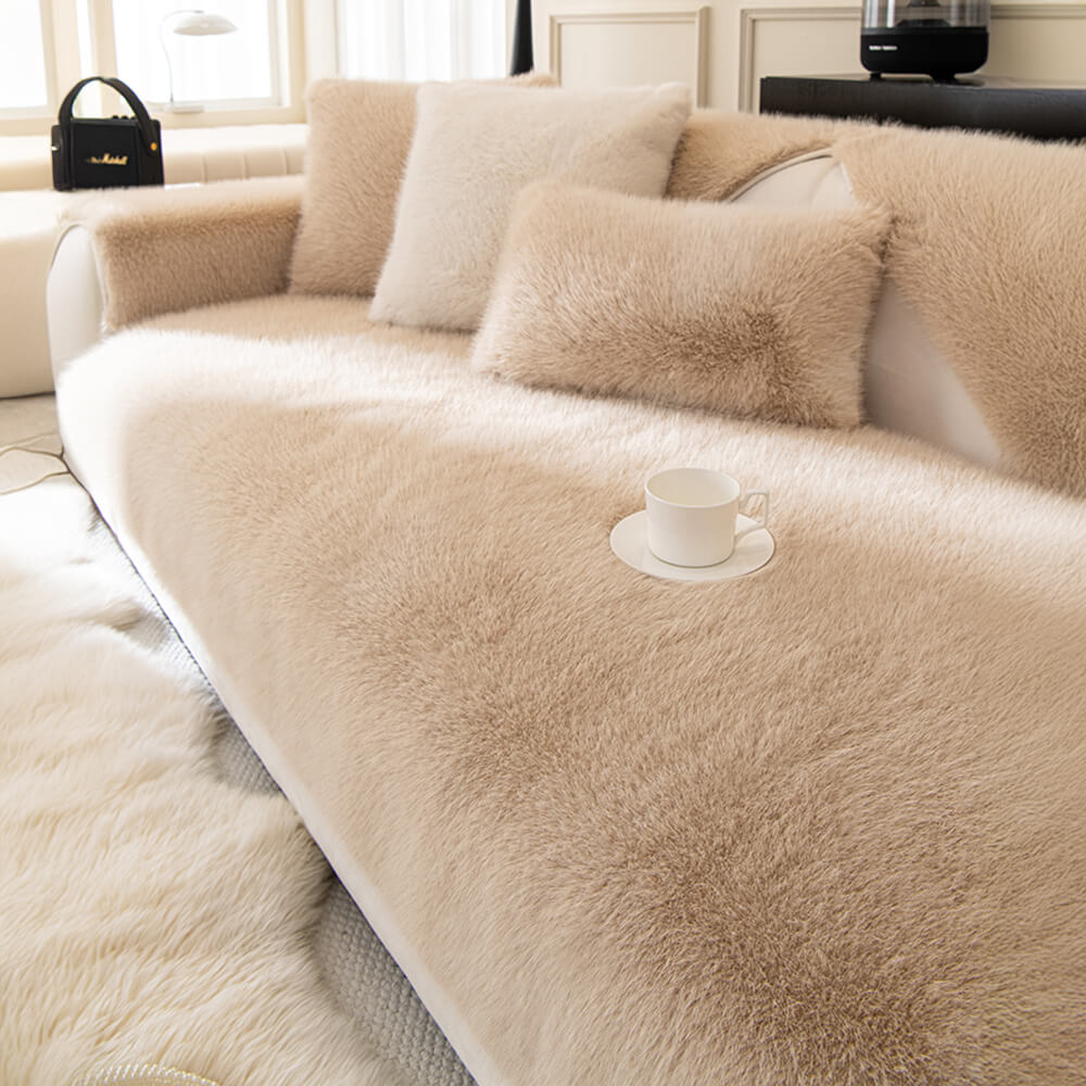 Weicher Sofabezug Rutschfestes Kunstfell Creme Grau Grün Waschbarer Plüschschutz für jedes Sofa | Sansoti