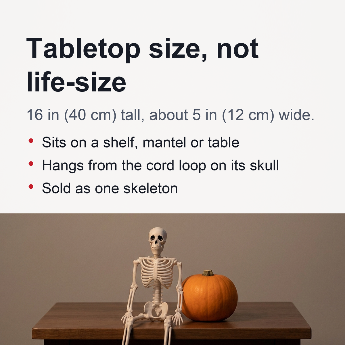 Ruchomy szkielet dekoracyjny na Halloween 40 cm, biały, plastikowa kukła z ruchomymi kończynami, straszna dekoracja horroru do zawieszenia lub postawienia | Sansoti