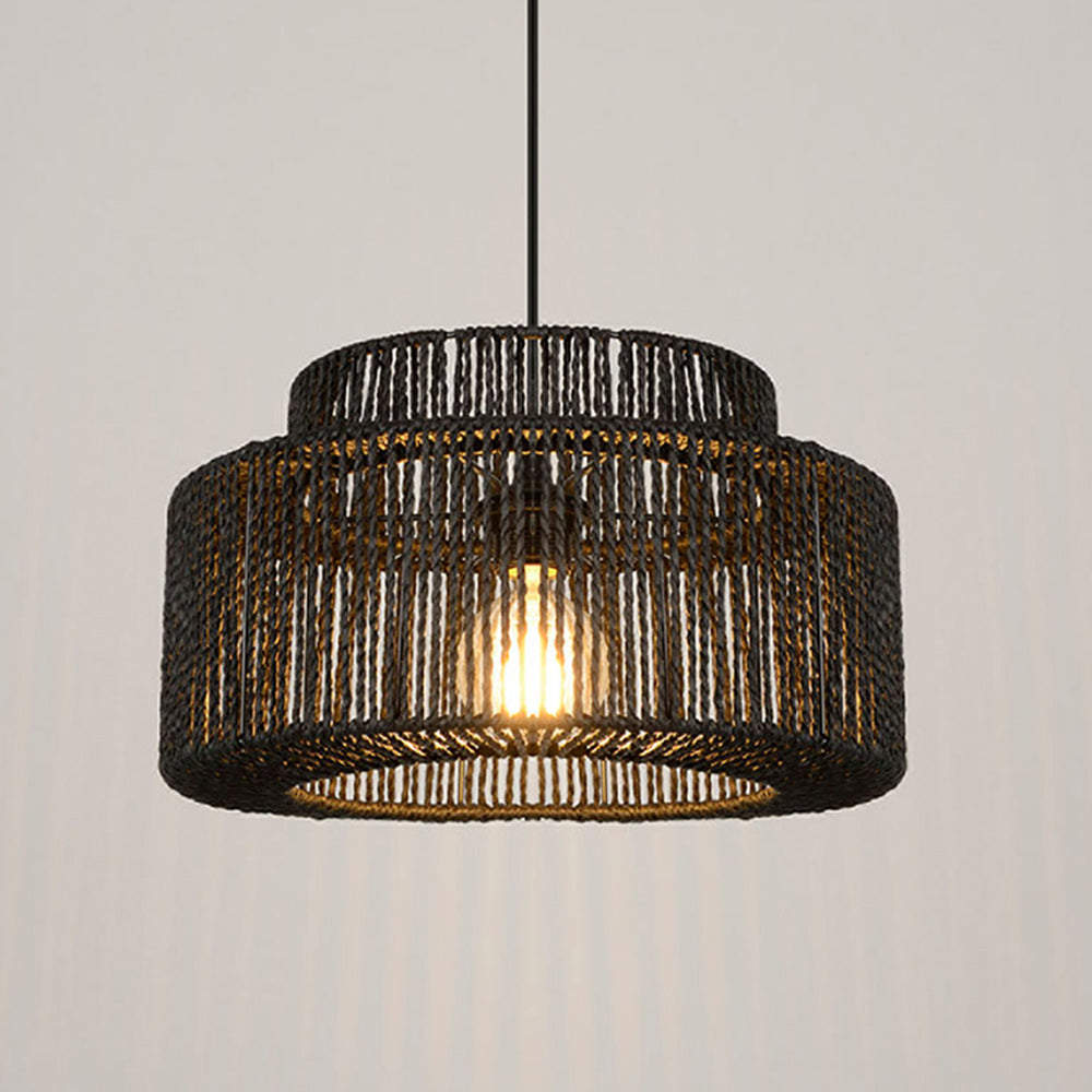 Suspension en rotin noir en forme de tambour, E27, réglable, style rétro champêtre, salle à manger, salon, naturel | Sansoti