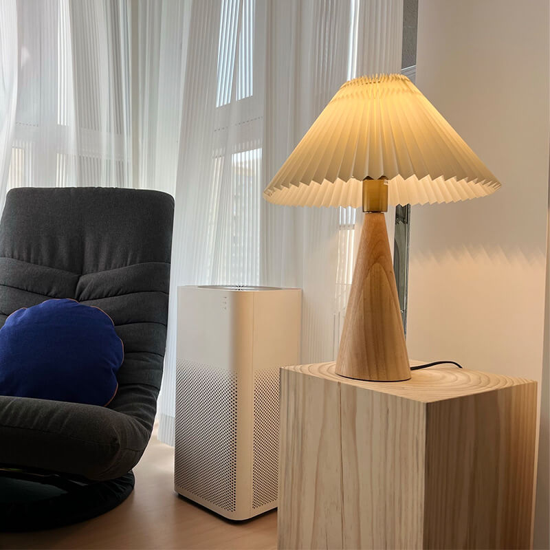 Tafellamp Hout Japans Minimalistisch Geplooide Kap 48cm LED | Sansoti