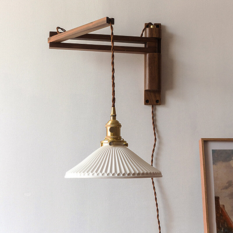 Applique murale extensible avec verre strié et bras en bois pour salon, chambre, entrée et coin lecture, éclairage d’ambiance | Sansoti