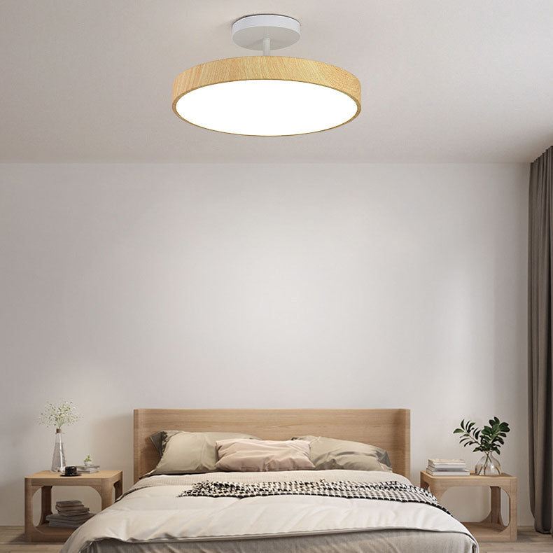 Runde LED-Deckenleuchte im Semi-Flush-Design in Holzoptik, Japandi, 30 cm - minimalistische Deckenbeleuchtung für das Wohnzimmer | Sansoti