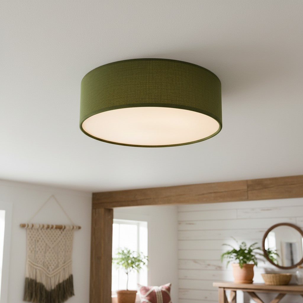 Linen ceiling lamp with drum shade, modern design, E27 socket, Scandinavian style, bedroom, living room | Sansoti