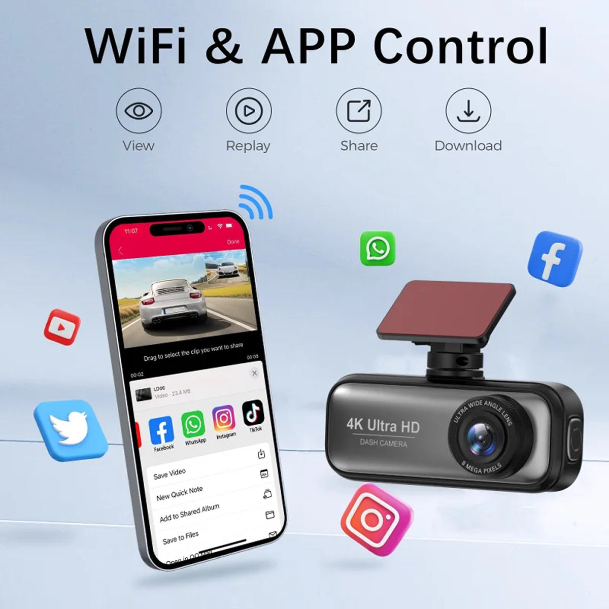 Dashcam à double caméra 4K Ultra HD avec Wi-Fi, GPS, surveillance du stationnement, grand angle à 170°, sécurité automobile, enregistrement et vision nocturne | Sansoti