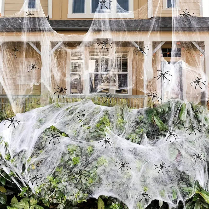 Rekbaar Spinnenweb Decoratieset 18 m² met 9 Kunststof Spinnen Halloween Griezelfeest Decoratie Binnen Buiten | Sansoti