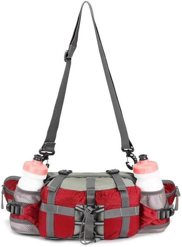 Wasserdichte Outdoor-Gürteltasche mit Flaschenhaltern in Schwarz, Orange, Blau und Grün zum Wandern, Radfahren, Laufen und für Sport | Sansoti