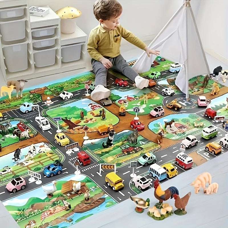 Tapis de Jeu Enfants 100x130cm Ferme Routes Antidérapant Tapis de Jeu Voitures Jouets Animaux Tapis Circulation Chambre Tapis | Restfield