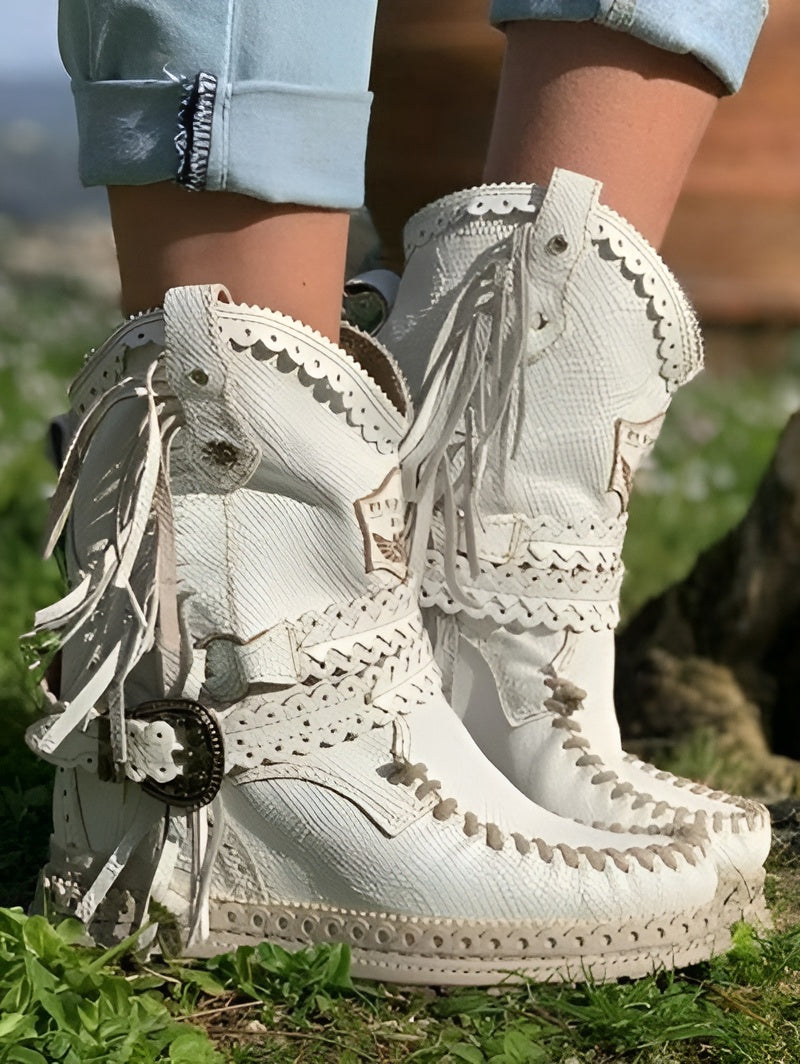 Boho Laarsjes met Franje voor Dames – Suède Western Stijl met Comfort Loopzool | Sansoti