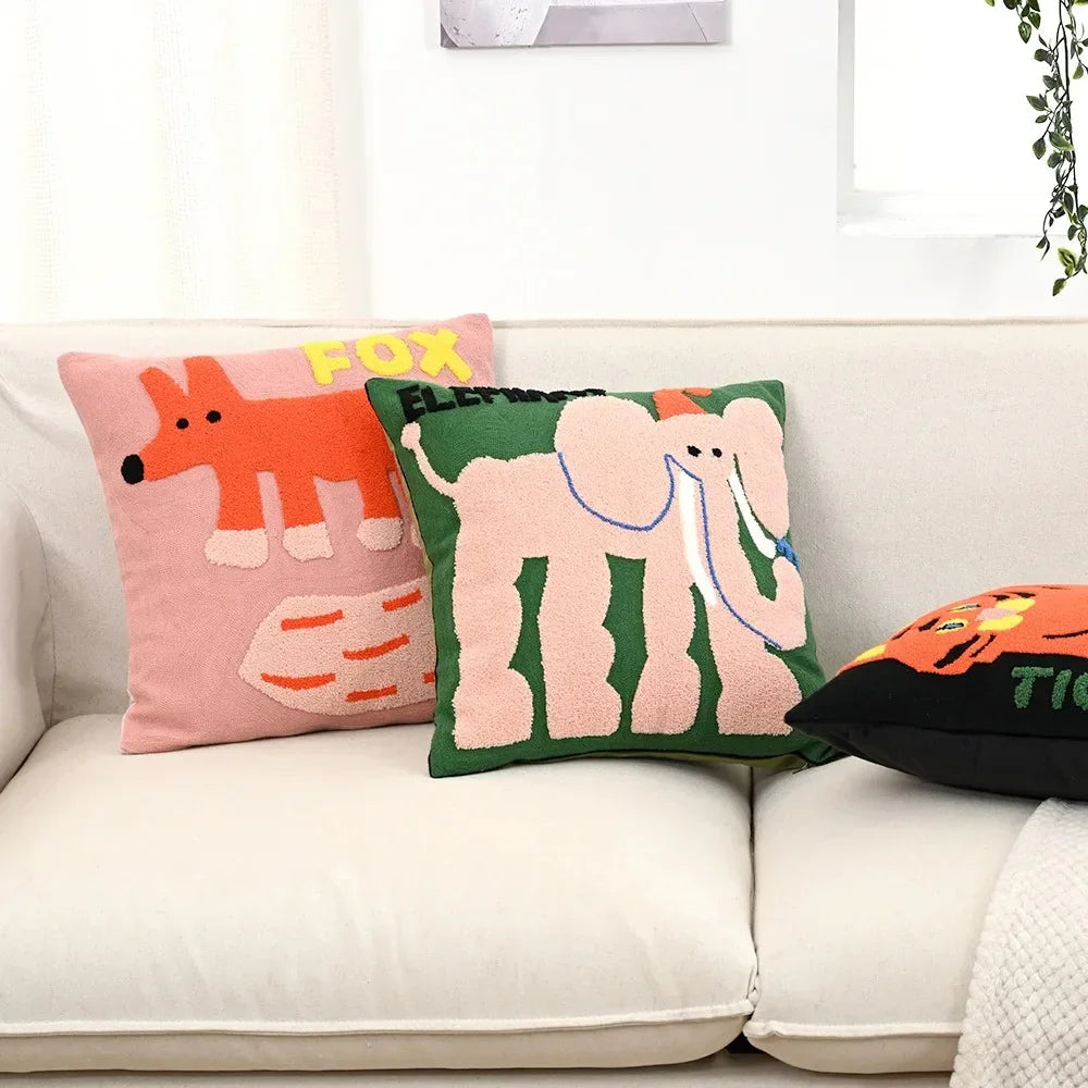 Housse de Coussin Broderie Animaux Scandinave 45x45 Polyester Coton | Restfield