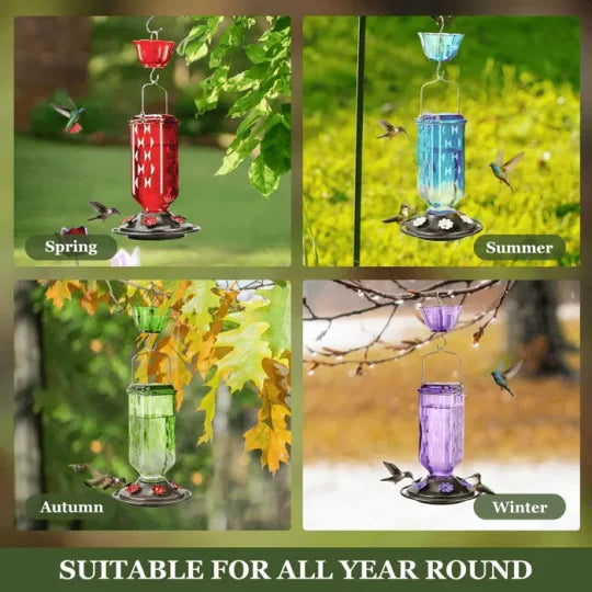 Glas-Kolibri-Futterstation 700ml mit sechs Blumen-Sitzplätzen, Ameisensperre und Aufhängehaken für Gartenvögel | Sansoti