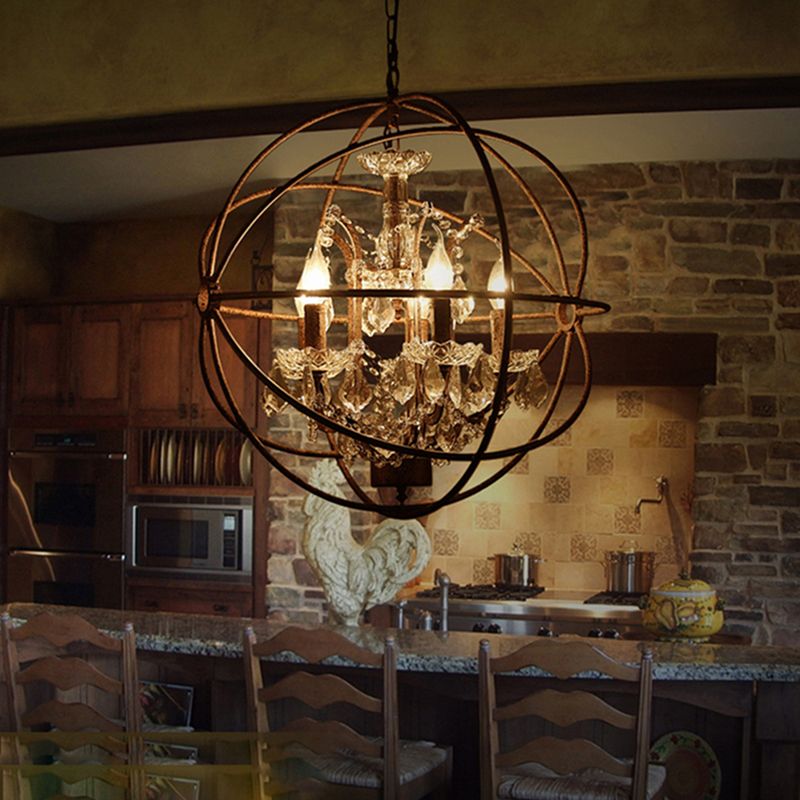 Pendant Light Metal Crystal 4 Lights Black Rust Vintage Ambient Light Living Room Dining Room Bedroom Retro Design | Sansoti