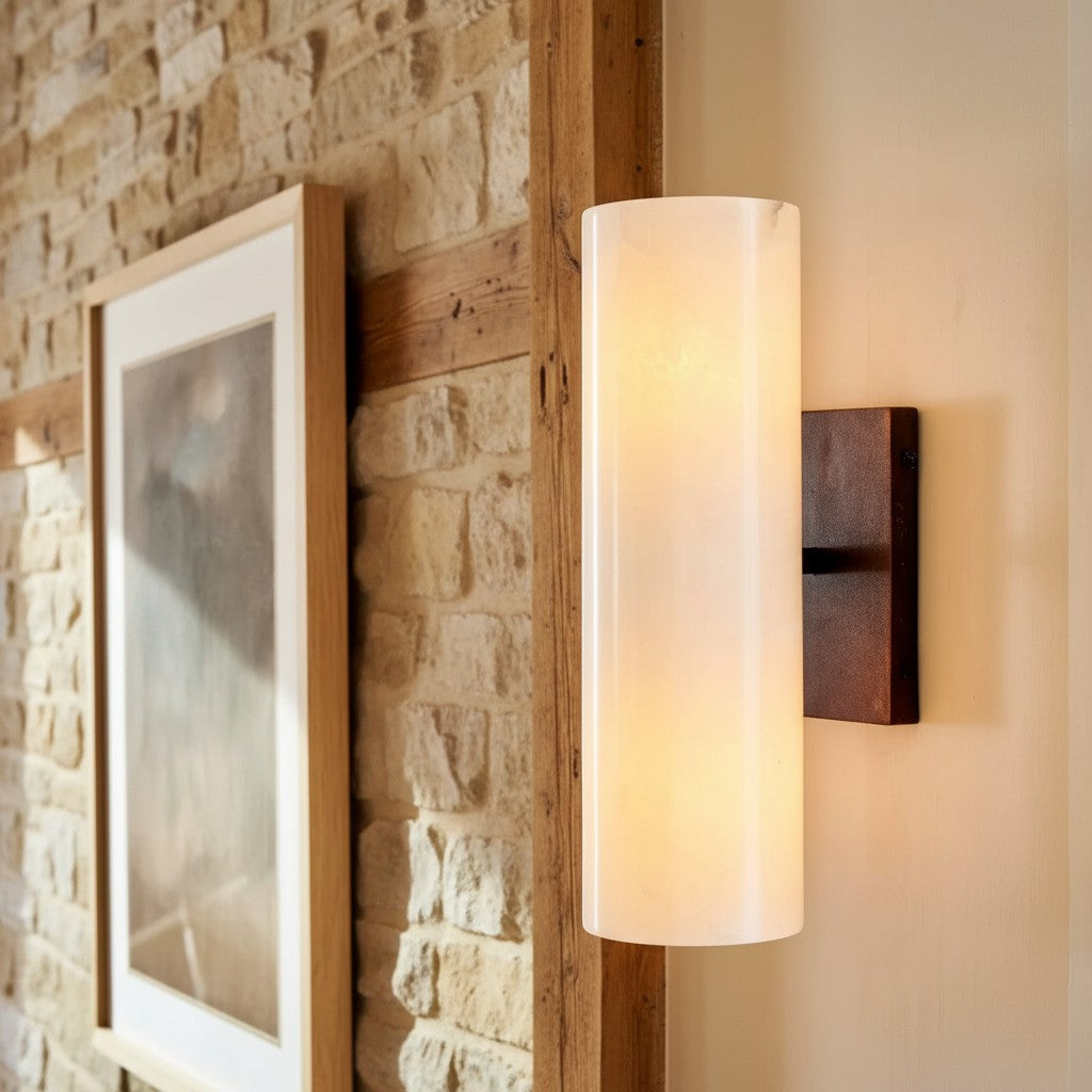 Cilindervormige wandlamp met natuurlijk albast of geribde glazen kap Brons Nikkel Messing | Sansoti