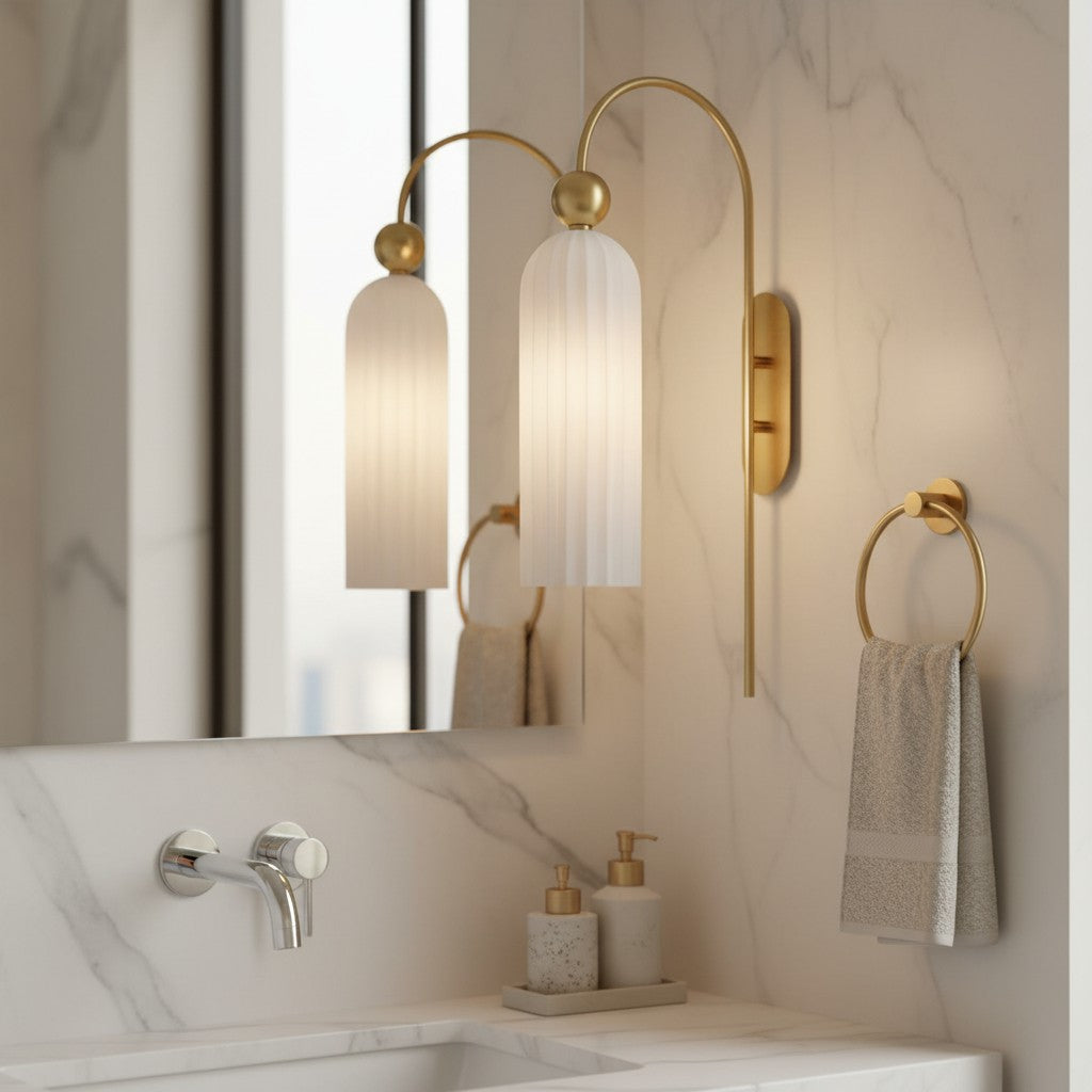 Geribbelde Glazen Wandlamp Cilindervorm met Gouden Fitting voor Gang, Slaapkamer, Woonkamer | Sansoti