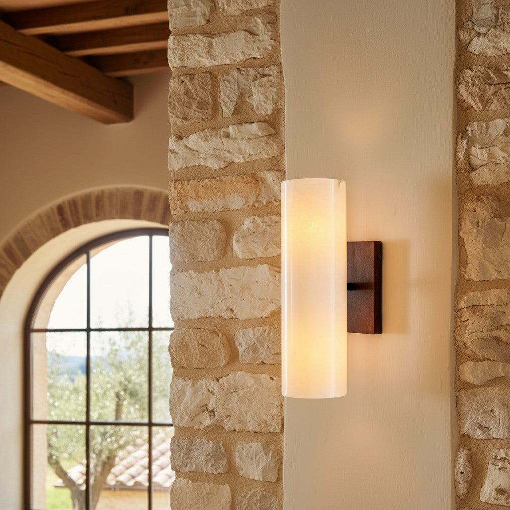 Cilindervormige wandlamp met natuurlijk albast of geribde glazen kap Brons Nikkel Messing | Sansoti