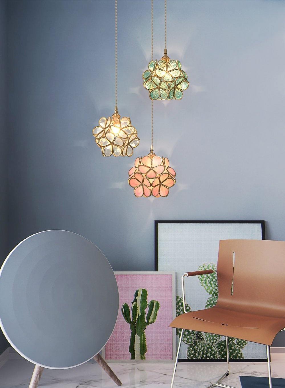Glazen Bloembladlamp Hanglamp Messing Fitting Handgeblazen Glas Ø20cm Vijf Kleuren E26/E27 Pendelverlichting | Sansoti