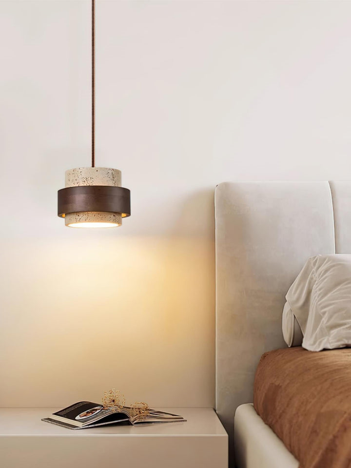 Houten Hanglamp met Travertijn Afwerking – Organische Lichtbron Eetkamer Woonkamer | Sansoti