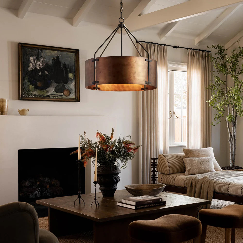 Industriële Hanglamp Trommel Roest Brons Metalen Kap 4 Lichtpunten Vintage Design Keukeneiland Eettafel Eetkamer | Sansoti
