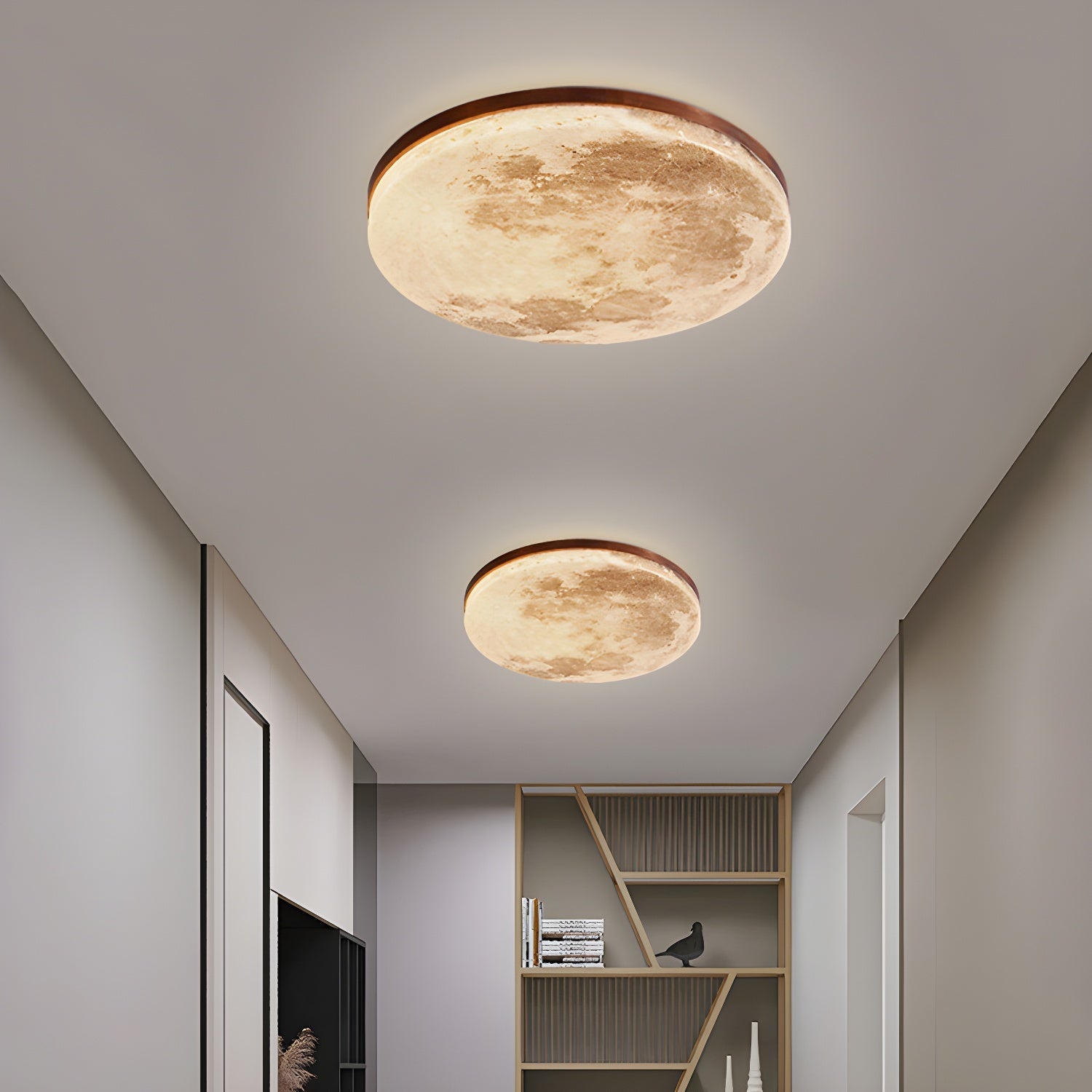 LED-Deckenleuchte Mond-Design Holz Acryl Rund 26-48cm Schlafzimmer Wohnzimmer Deckenlampe Mondlampe LED Beleuchtung Modernes Interieur | Restfield