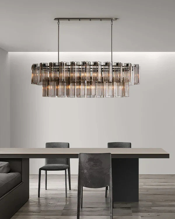 Ovale Kroonluchter Geribbeld Glas Stalen Frame 51-72cm Instelbare Hoogte E12 Fitting Messing Brons Eetkamer | Sansoti