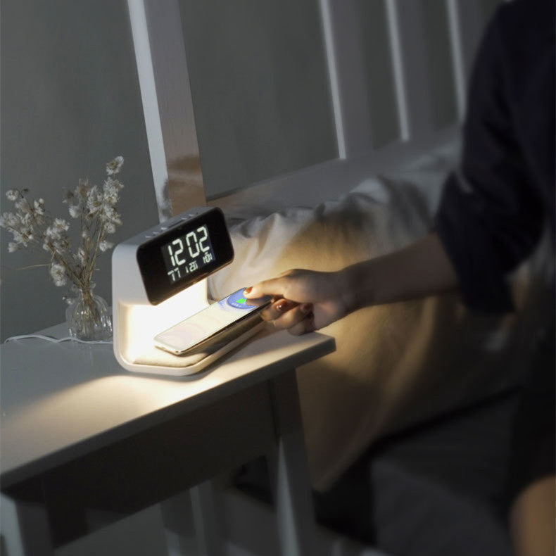 Nachtkastlamp met Draadloze Oplader en Wekker 3-in-1 Multifunctioneel LED Verlichting Touch Dimbaar Wit | Sansoti