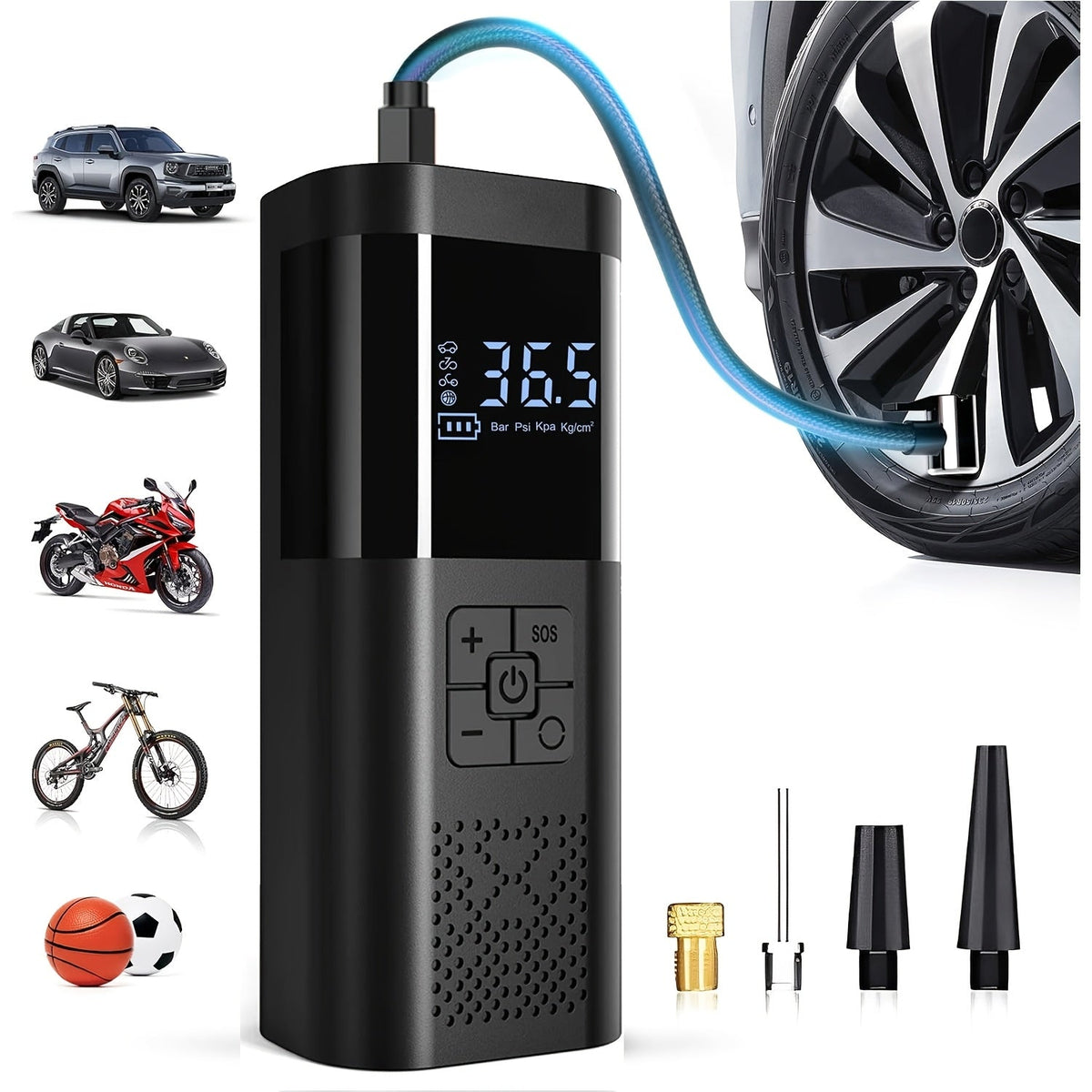 Draagbare Mini Compressor met Digitaal Display en LED Verlichting voor Auto Fiets Motor Geschikt voor Thuis | Sansoti