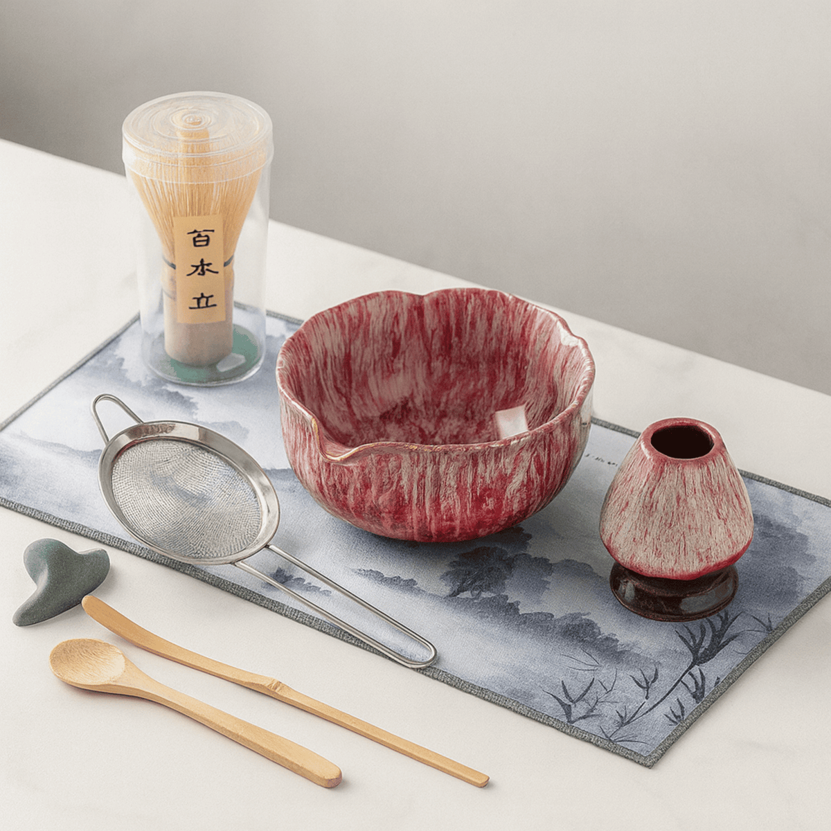 Matcha Ceremony Set 8-Piece Ceramic Bamboo Whisk Bowl Strainer Spoon Tea Ritual Tableware Japanese Style | Sansoti