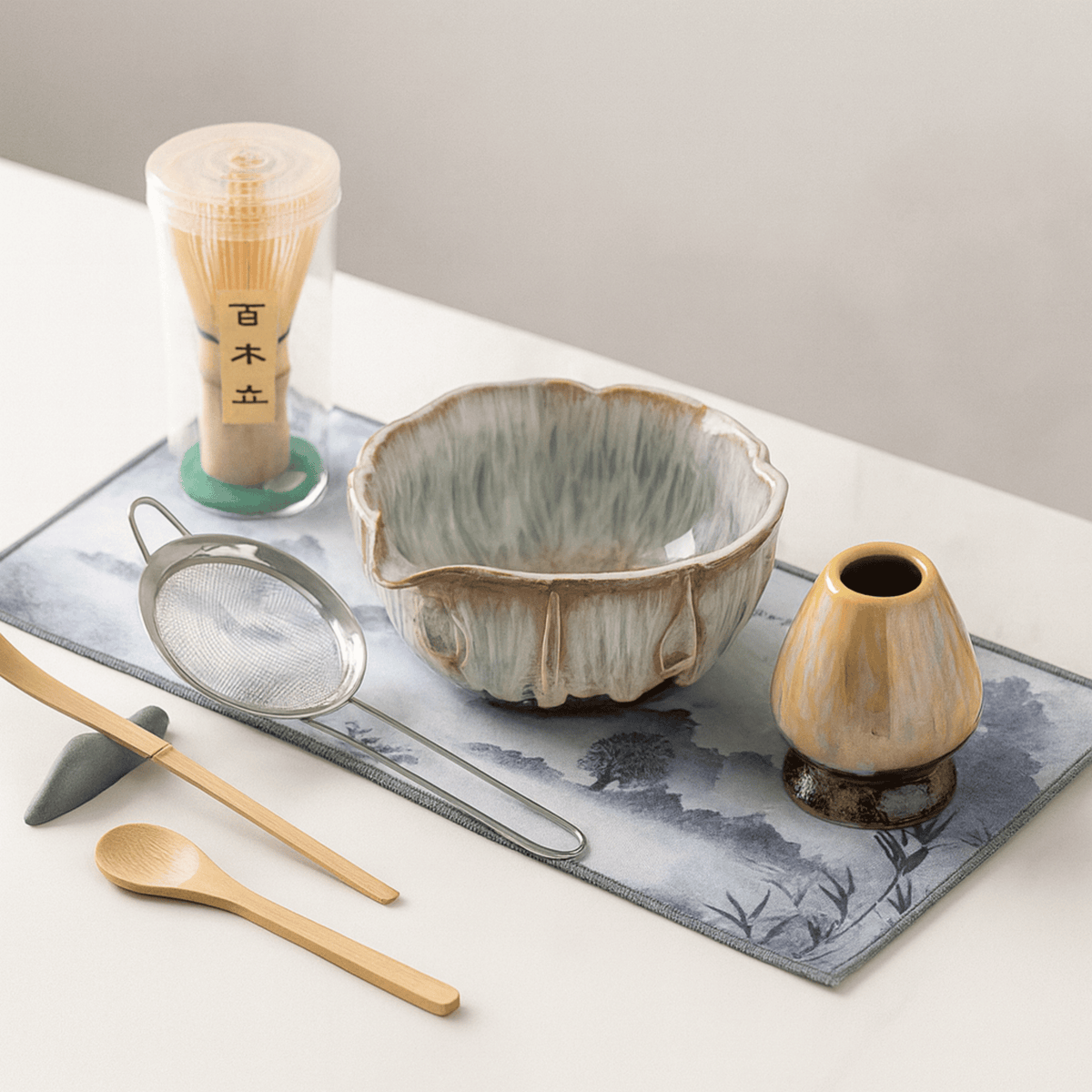 Matcha Ceremony Set 8-Piece Ceramic Bamboo Whisk Bowl Strainer Spoon Tea Ritual Tableware Japanese Style | Sansoti