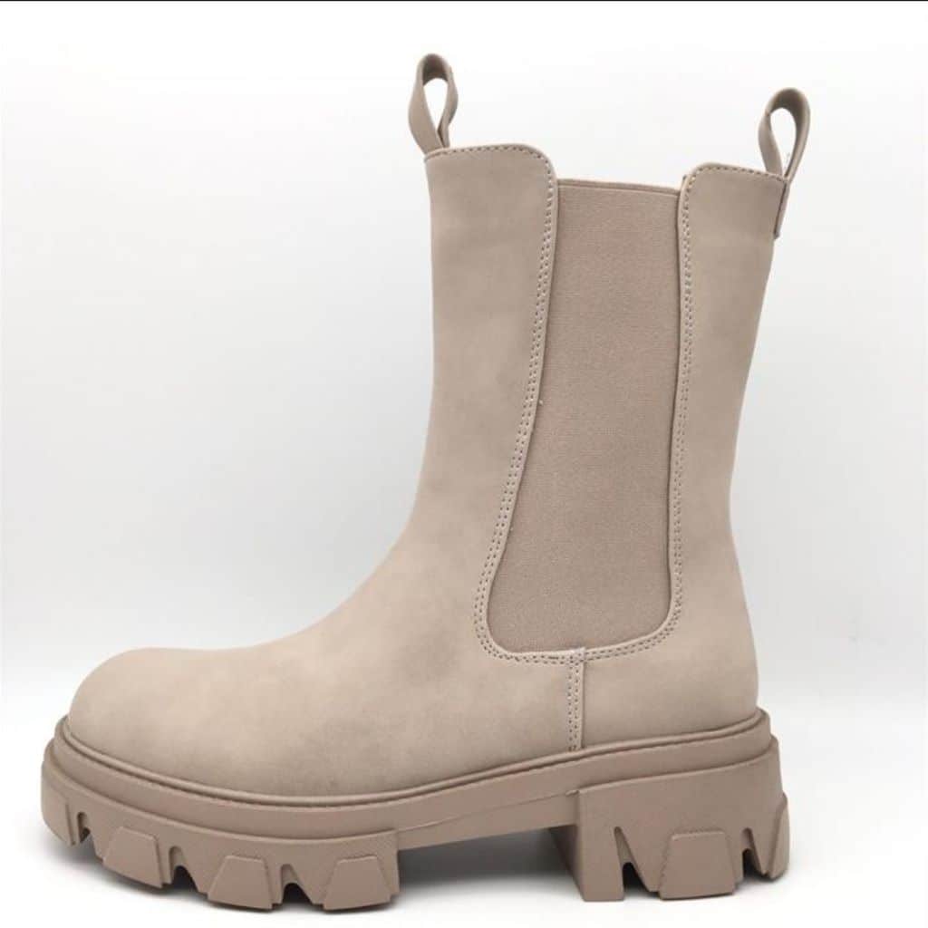 Beige Chelsea-Boots für Damen, halbhoch, mit elastischen Einsätzen und Reißverschluss, 5-cm-Absatz, grobe Sohle - bequeme Alltagsschuhe | Sansoti