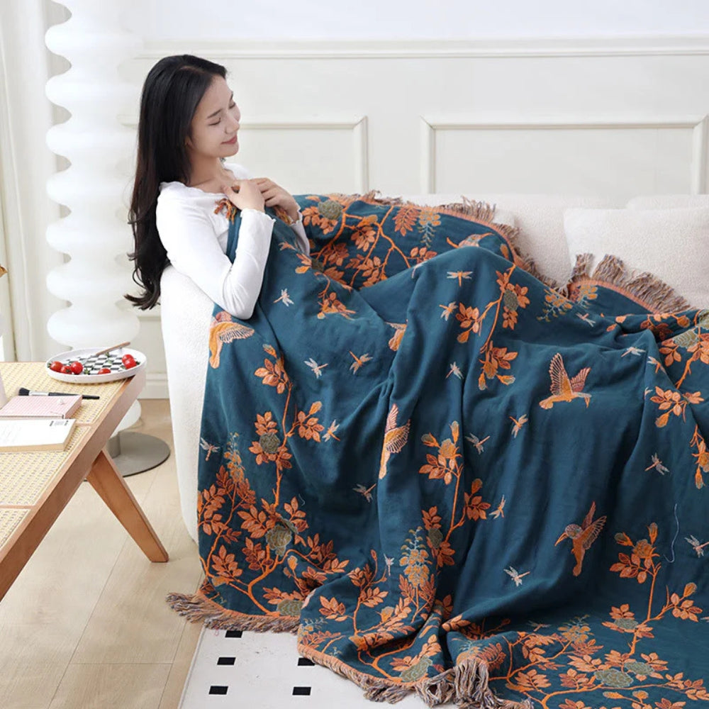 Meerlaagse Gazen Katoenen Plaid met Kwasten en Jacquardpatroon voor Bed en Bank | Sansoti