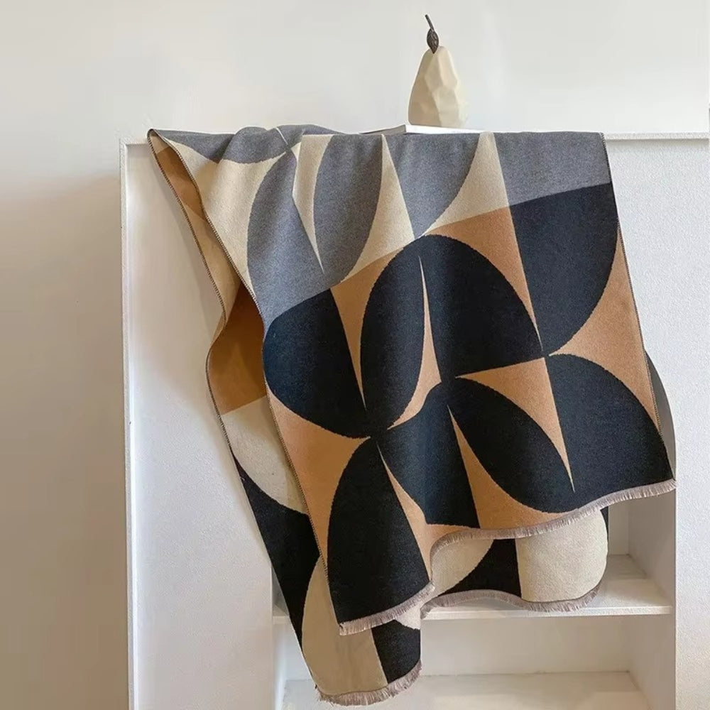 Omkeerbare Sjaal met Geometrisch Blokdesign Warm Zachte Microvezel Poncho voor Herfst en Winter | Sansoti