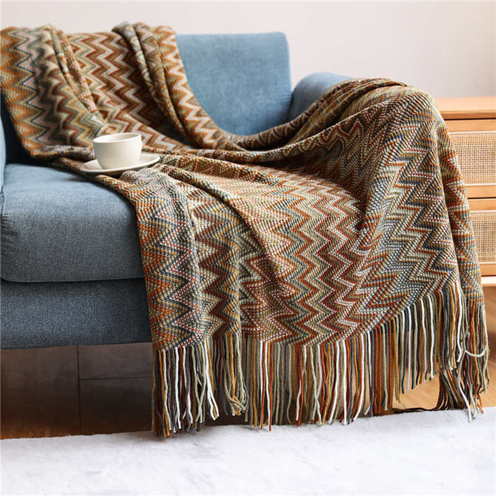 Knitted Throw with Zigzag Fringes – Soft Crochet Blanket for Sofa and Bed, All Seasons, Bohemian Style | Sansoti