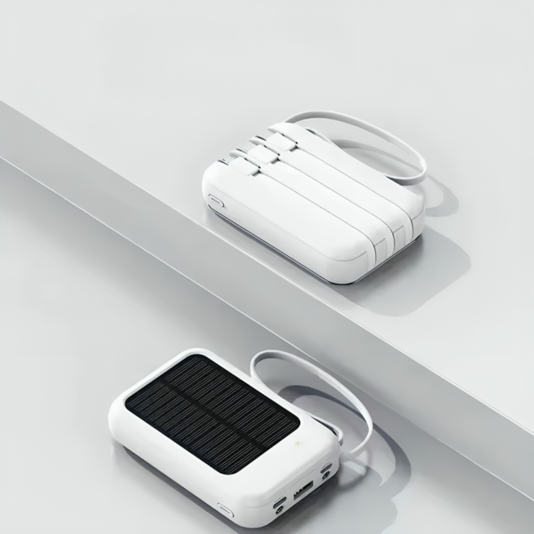 Oplaadbare Powerbank 20000mAh met Zonnepaneel, LED-Zaklamp en Ingebouwde Kabels – Draagbare Noodaccu met Dubbele USB- en Type-C-Aansluiting voor Smartphone en Tablet | Sansoti