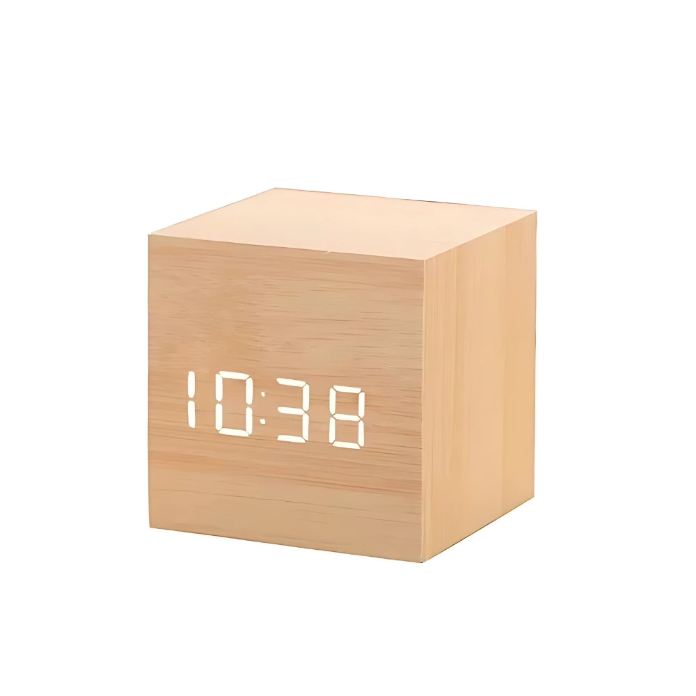 Digitale LED Wekker Kubus met Temperatuur Display Hout Finish | Sansoti