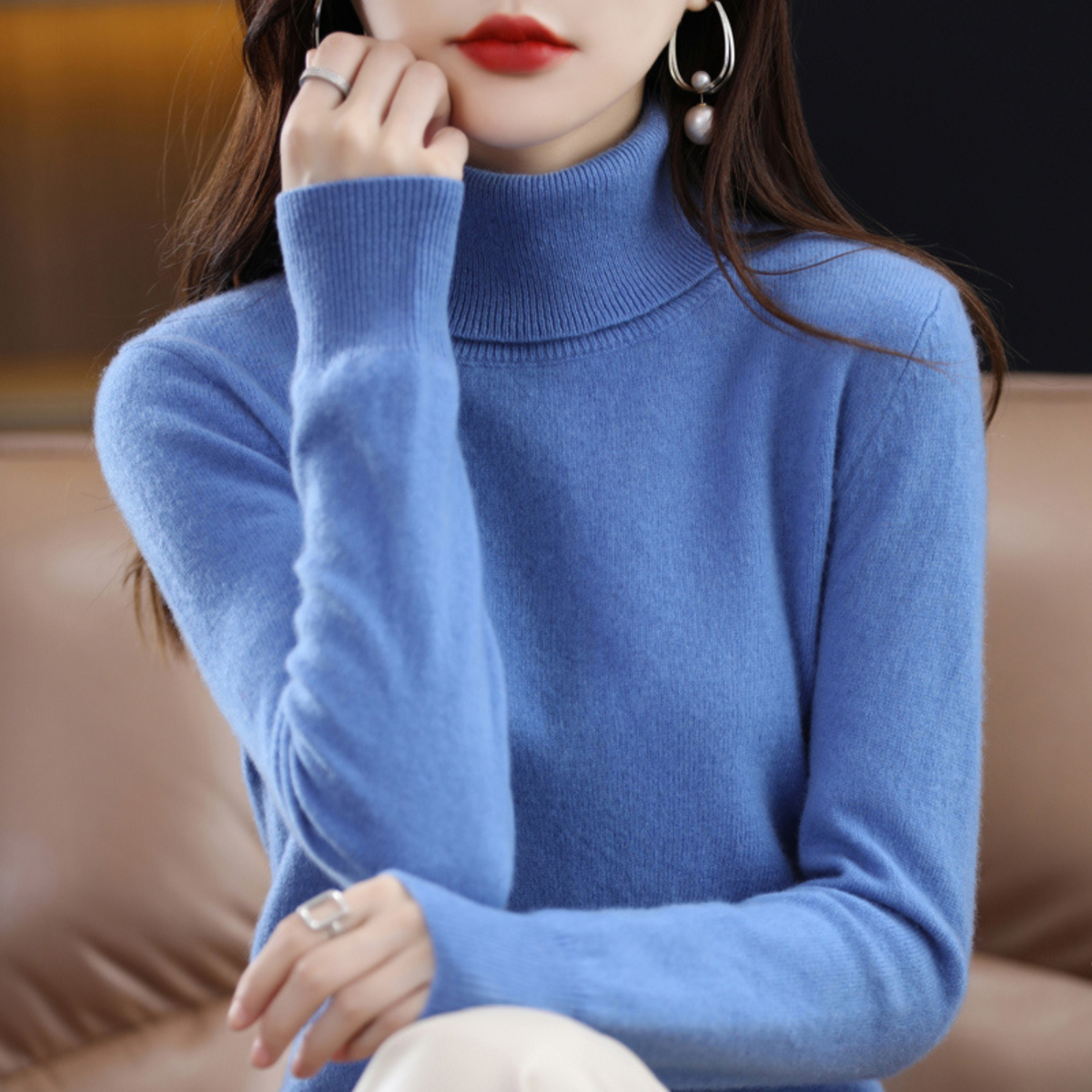 Jersey de cachemira de punto con cuello alto para mujer Negro Blanco Gris Rosa Lila Rojo Azul Marrón Básico elegante de otoño e invierno | Sansoti