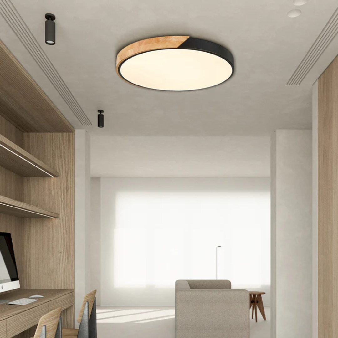 Holz-Deckenlampe LED skandinavisches Design warmweißes Licht rund Acryl Naturholz Deckenbeleuchtung Wohnzimmer | Sansoti