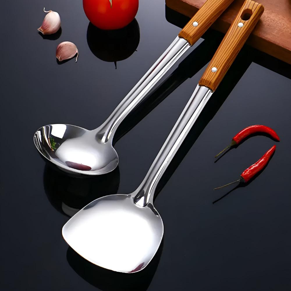 Set d’ustensiles de cuisine 5 pièces acier inoxydable manche bois résistant à la chaleur | Restfield